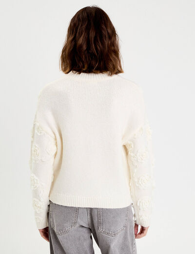 Pull fleurs en relief ecru femme