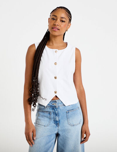 Gilet jean cintr&eacute; cropped sans manches blanc femme