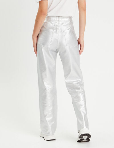 Pantalon large enduit gris argent femme