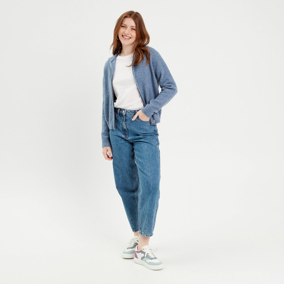 Gilet manches longues capuche bleu femme