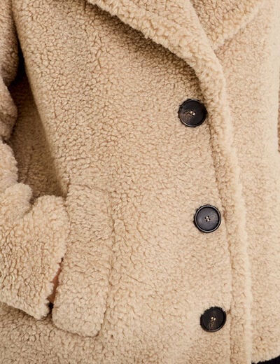 Manteau droit bouclettes col tailleur beige femme