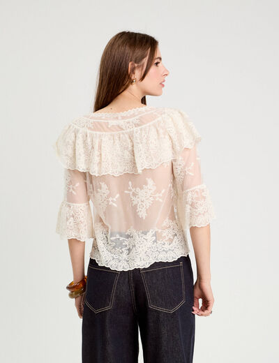 Blouse manches 3/4 dentelle ecru femme