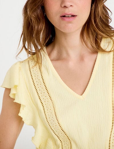 Blouse col rond manches courtes dentelle jaune pastel femme