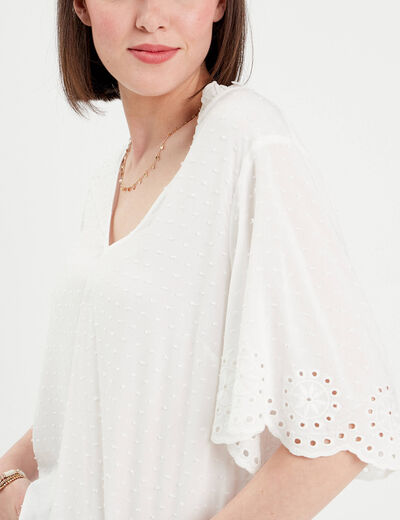 Blouse manches courtes brodée blanc femme