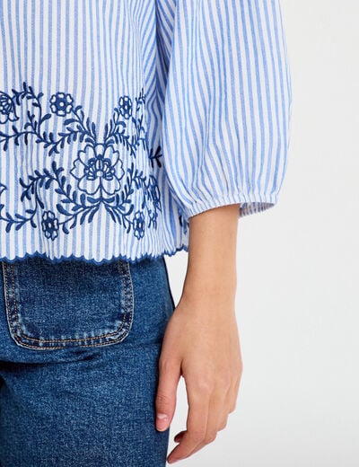 Blouse col v manches 3/4 brod&eacute;e bleu marine femme