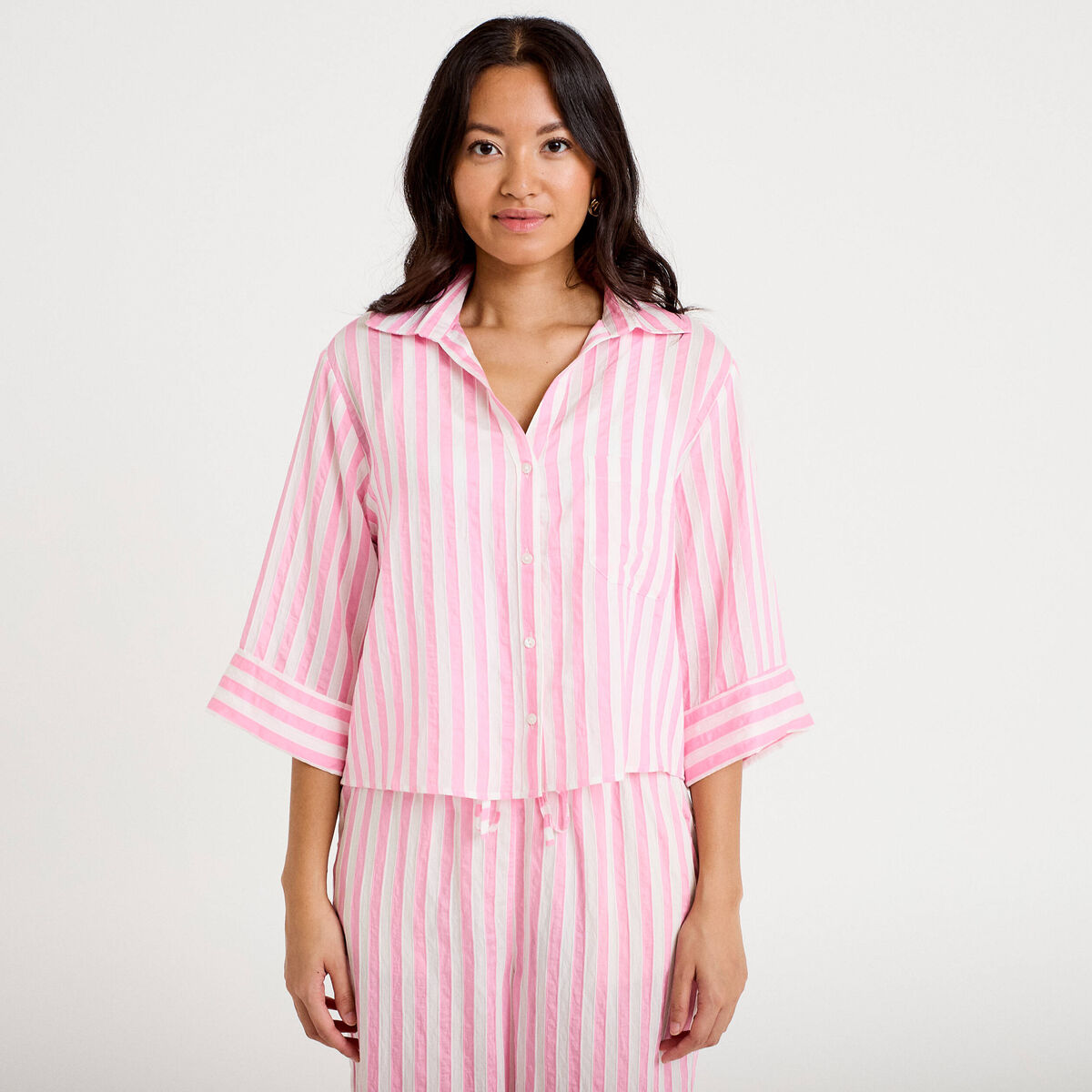 Blouse ample col tunisien manches 3/4 rose femme