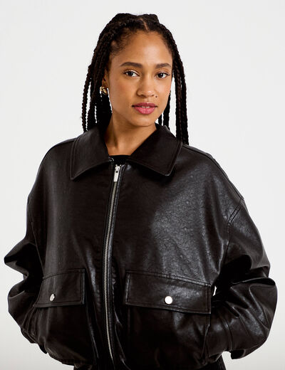 Veste droite similicuir col tailleur noir femme