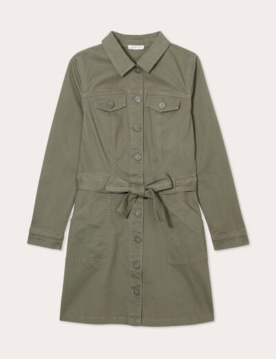 Robe chemise droite ceinturée vert kaki femme