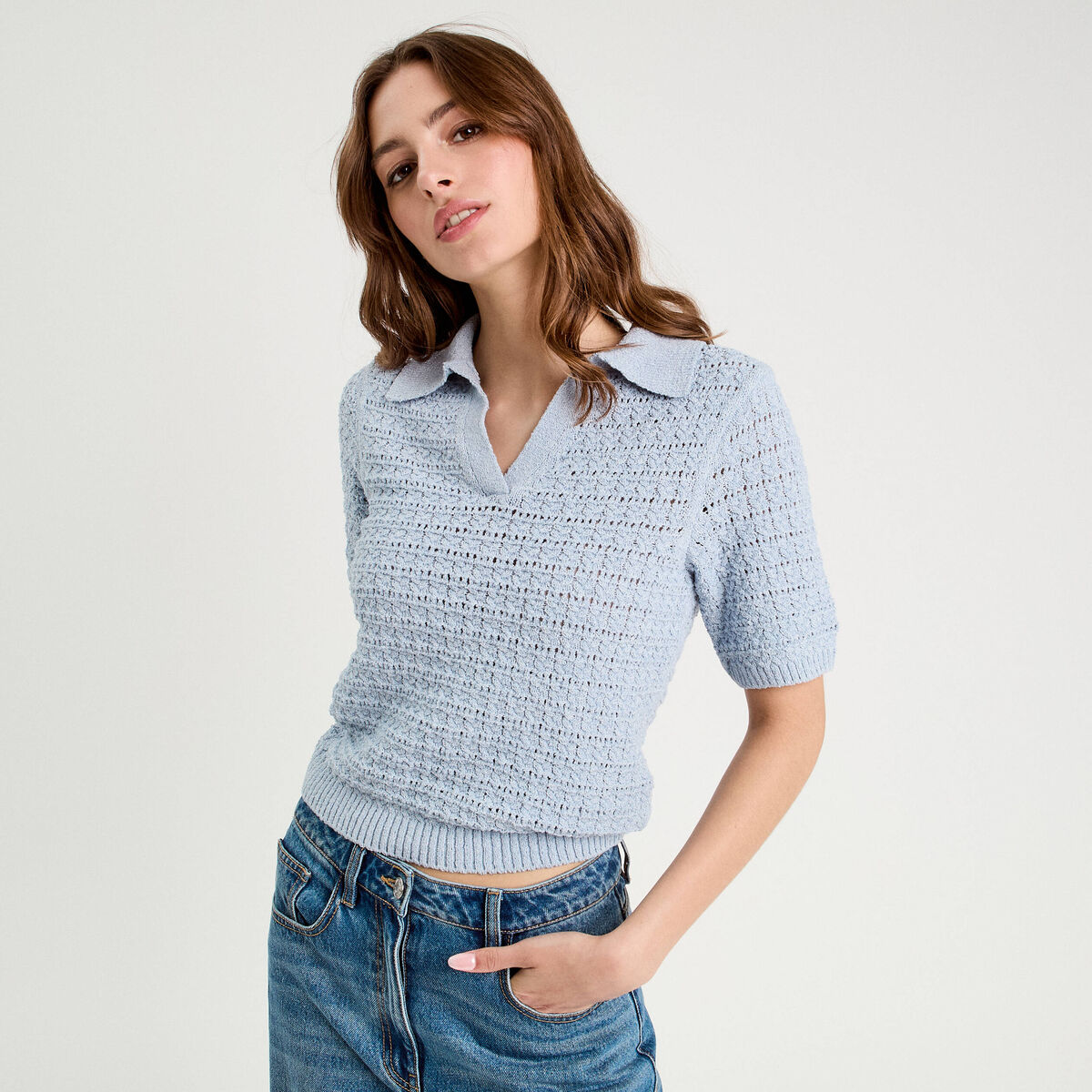 Polo manches courtes ajouré denim snow gris femme