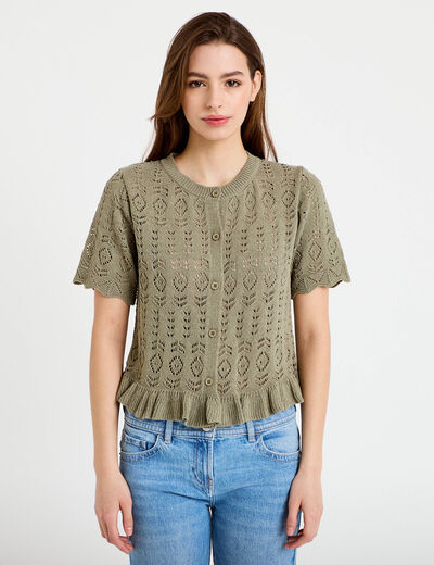 Gilet ajour&eacute; manches courtes col rond vert kaki femme