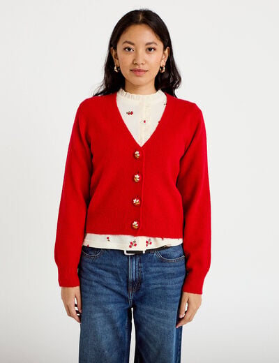 Gilet col v broderie manches longues rouge femme