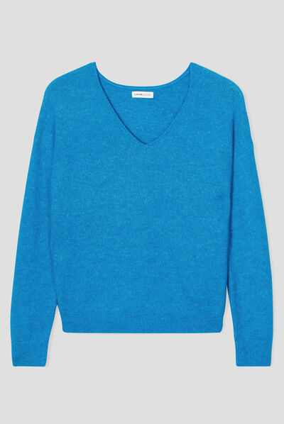 Pull avec col en V bleu femme