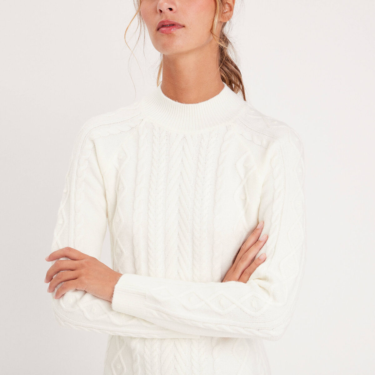 Robe pull droite torsades ecru femme