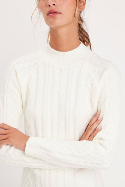 Robe pull droite torsades ecru femme