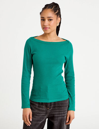 T-shirt col bateau vert &eacute;meraude femme