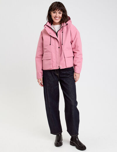 Veste courte bas resserré à capuche rose clair femme