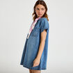 Robe trap&egrave;ze courte en jean col chemise denim double stone femme