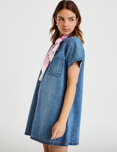 Robe trap&egrave;ze courte en jean col chemise denim double stone femme
