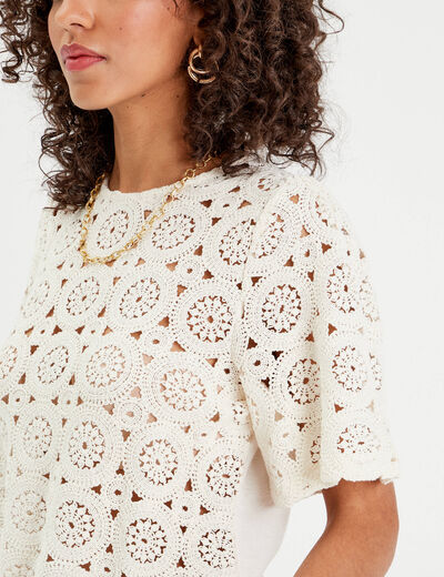 T-shirt macramé col rond ecru femme