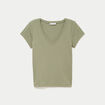 T-shirt ajust&eacute; col v manches courtes vert kaki femme