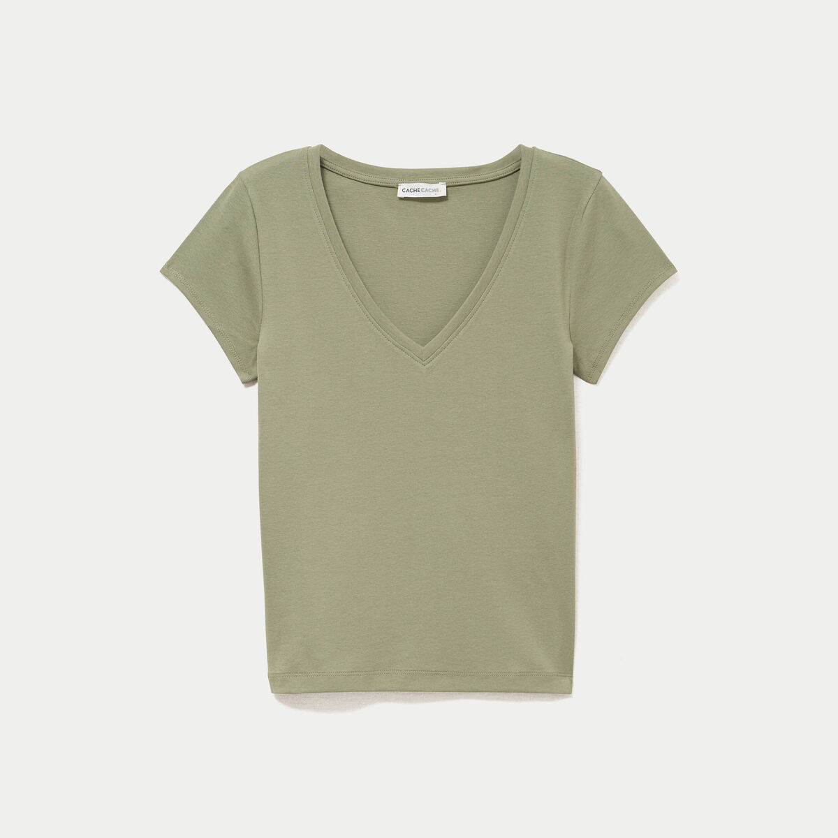 T-shirt ajust&eacute; col v manches courtes vert kaki femme