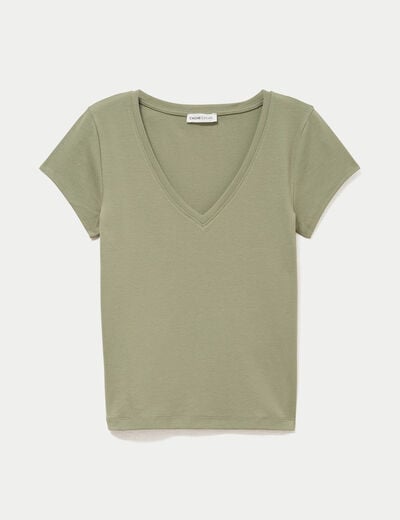 T-shirt ajust&eacute; col v manches courtes vert kaki femme