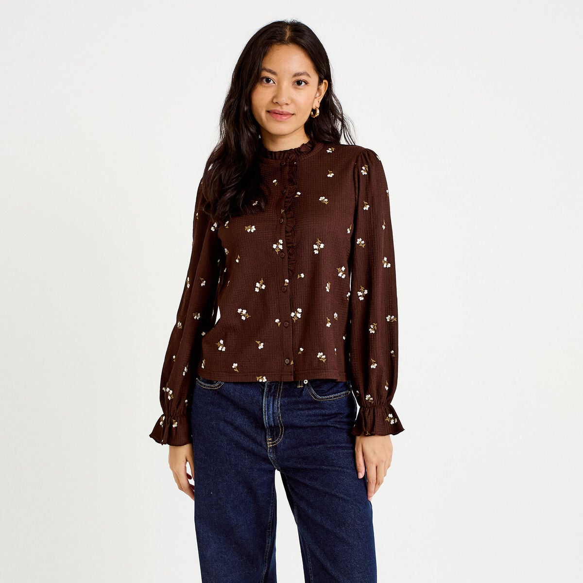 Chemise droite broderie manches longues marron fonc&eacute; femme