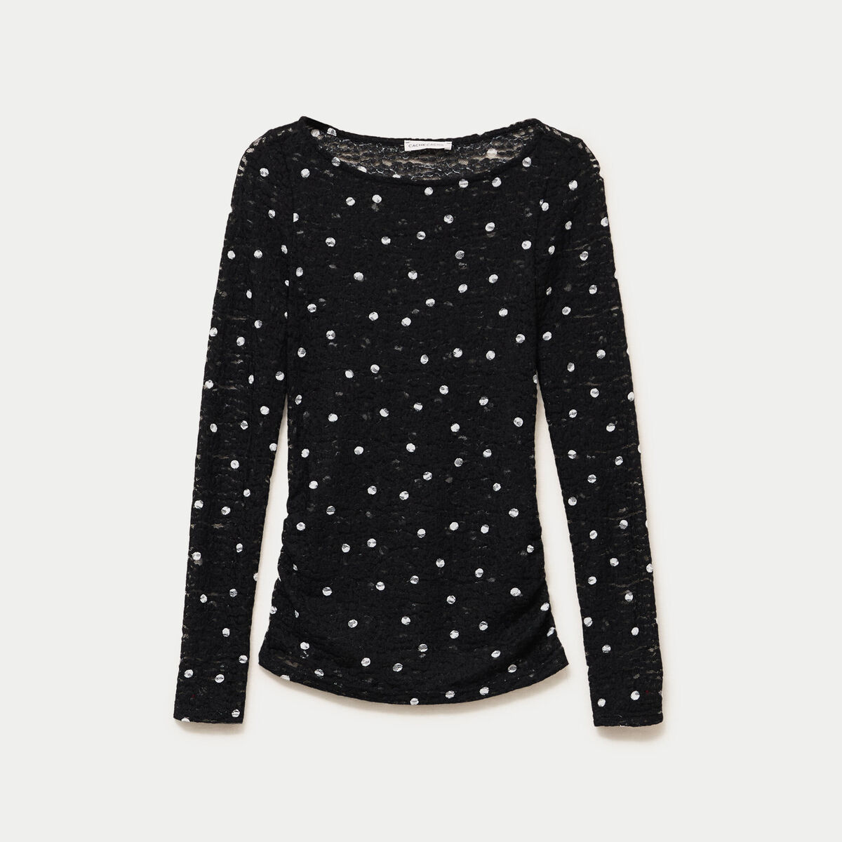 Top dentelle pliss&eacute; col bateau noir femme