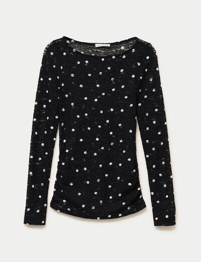 Top dentelle pliss&eacute; col bateau noir femme