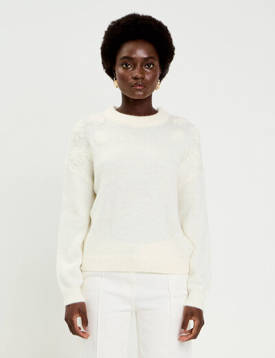 Pull brod&eacute; manches longues ecru femme