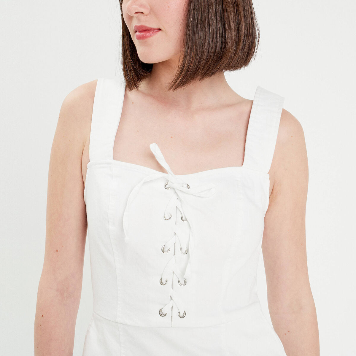 Robe ajustée col laçage jean ecru femme