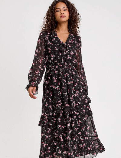 Robe longue évasée volants noir femme