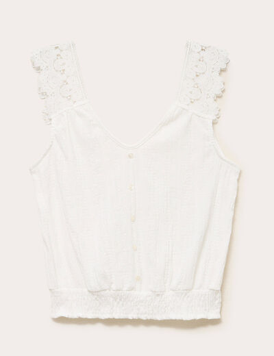 Top droit court sans manches en dentelle ecru femme