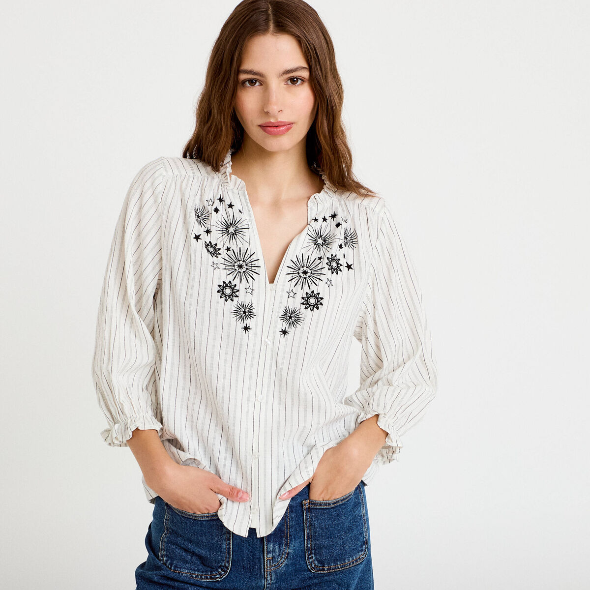 Blouse ample broderie manches 3/4 blanc femme