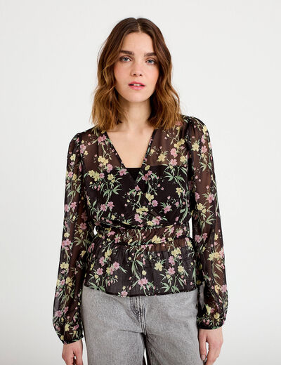 Blouse cintr&eacute;e col v manches longues noir femme