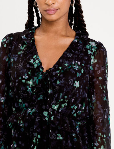 Robe courte &eacute;vas&eacute;e col V manches longues noir femme