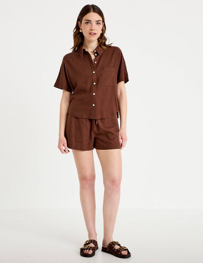 Chemise droite courte col classique marron femme