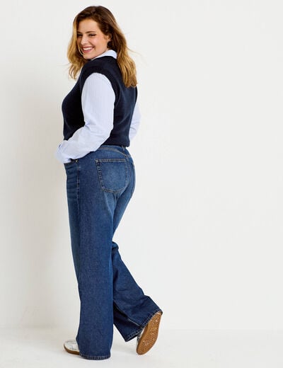 Jeans wide leg taille haute bleu fonc&eacute; femme
