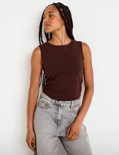 D&eacute;bardeur cropped marron fonc&eacute; femme