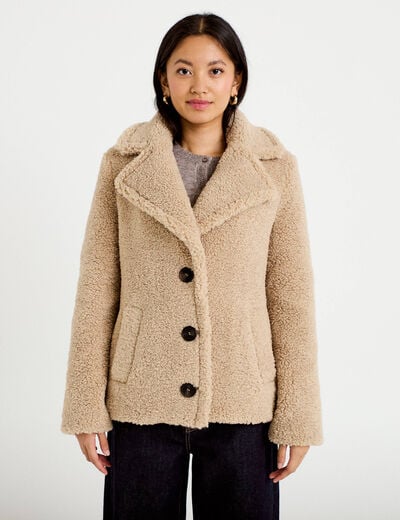 Manteau droit bouclettes col tailleur beige femme
