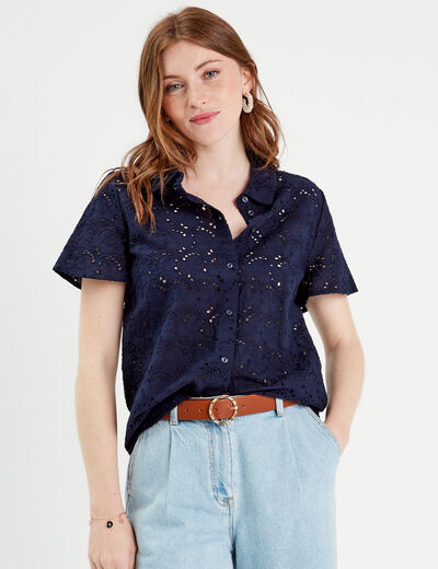 Chemise manches courtes brodée bleu marine femme