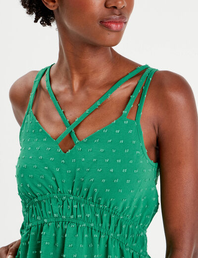 Robe évasée fluide plumetis vert femme