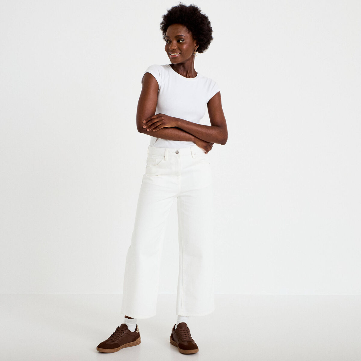Jean wide leg cropped taille haute ecru femme