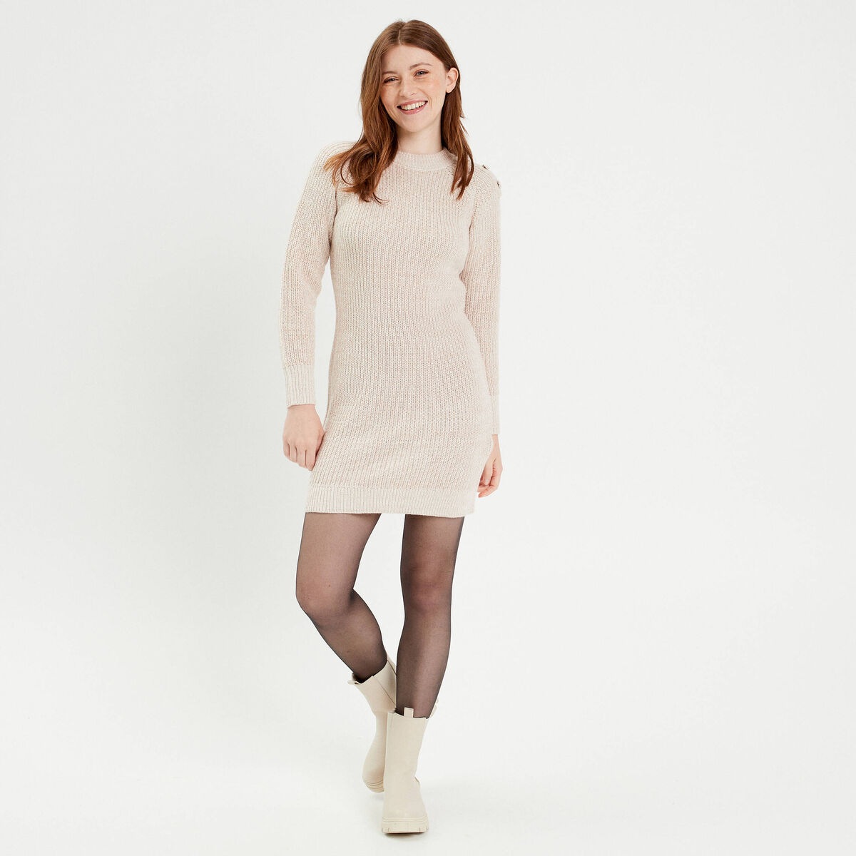Robe pull droite col rond ivoire femme