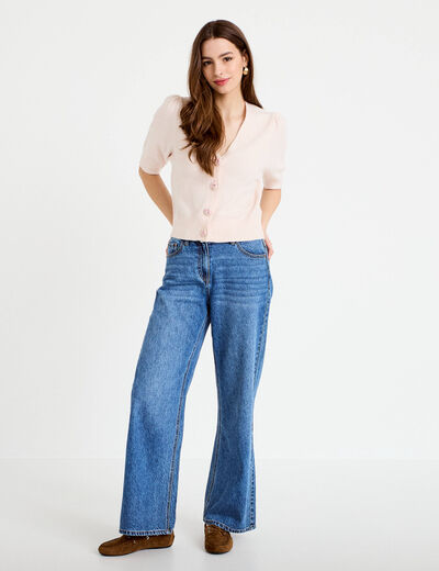 Pull manches courtes boutons brod&eacute;s rose clair femme