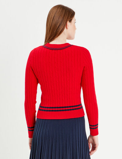 Pull manches longues torsades rouge foncé femme