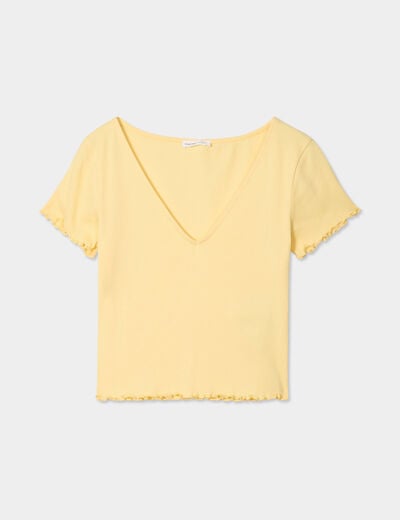 T-shirt côtelé manches courtes jaune clair femme
