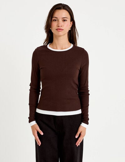 T-shirt 2-en-1 col rond manches longues marron fonc&eacute; femme
