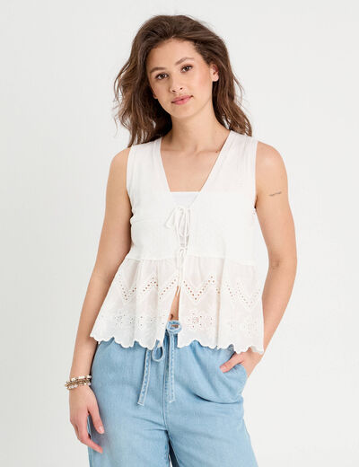 Gilet avec broderie anglaise blanc femme