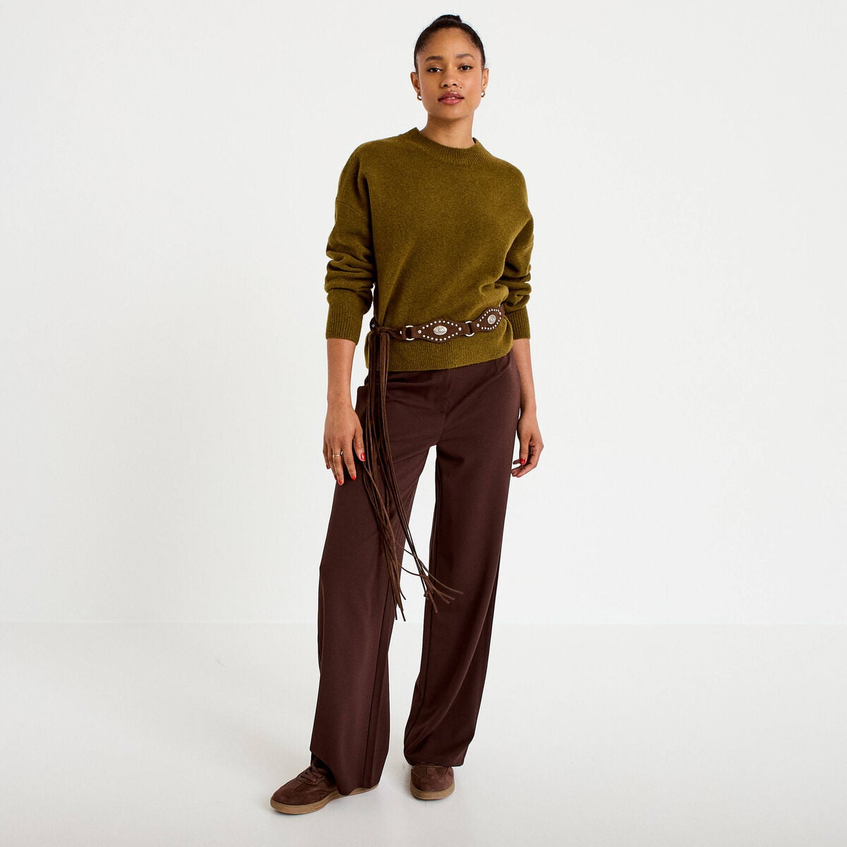 Pull col rond vert olive femme